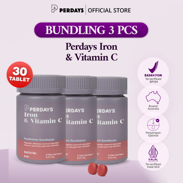 (HALAL) Perdays Pregnancy Iron & Vitamin C 30 Tablet (Bundling 3 Botol) Halal BPOM TGA Made In Australia