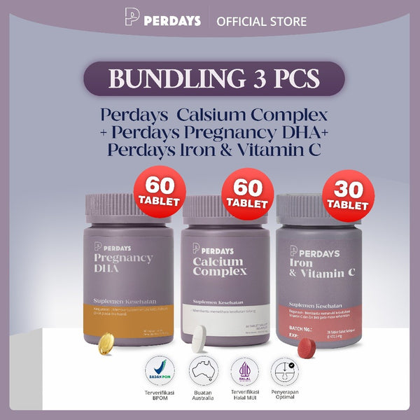 (HALAL) Perdays Pregnancy Iron Vitamin C + Perdays Plant Calcium Complex K2 60 Tablet + Pregnancy DHA 60 Soft Capsul BPOM TGA Made In Australia Suplemen Hamil (BUNDLING 3 PCS)