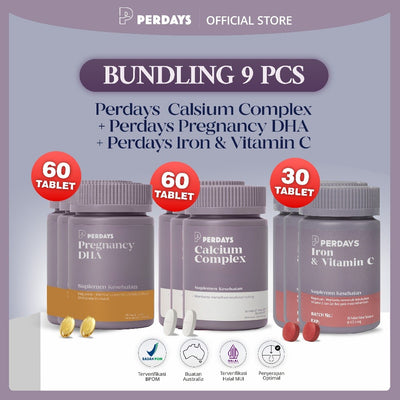 (HALAL) Perdays Pregnancy Iron Vitamin C + Perdays Plant Calcium Complex K2 60 Tablet + Pregnancy DHA 60 Soft Capsul BPOM TGA Made In Australia Suplemen Hamil (BUNDLING 9 PCS)