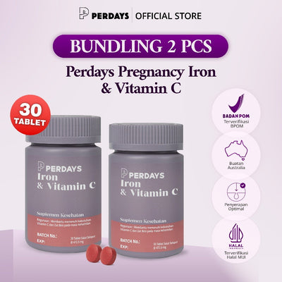 (HALAL) Perdays (Bundling 2 Botol) Pregnancy Iron & Vitamin C Zat Besi 30 Tablet  Halal BPOM TGA Made In Australia Mencegah Anemia Kekurangan Darah Rendah