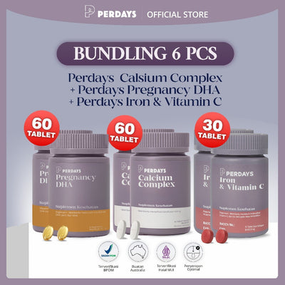 (HALAL) Perdays Pregnancy Iron Vitamin C + Perdays Plant Calcium Complex K2 60 Tablet + Pregnancy DHA 60 Soft Capsul BPOM TGA Made In Australia Suplemen Hamil (BUNDLING 6 PCS)