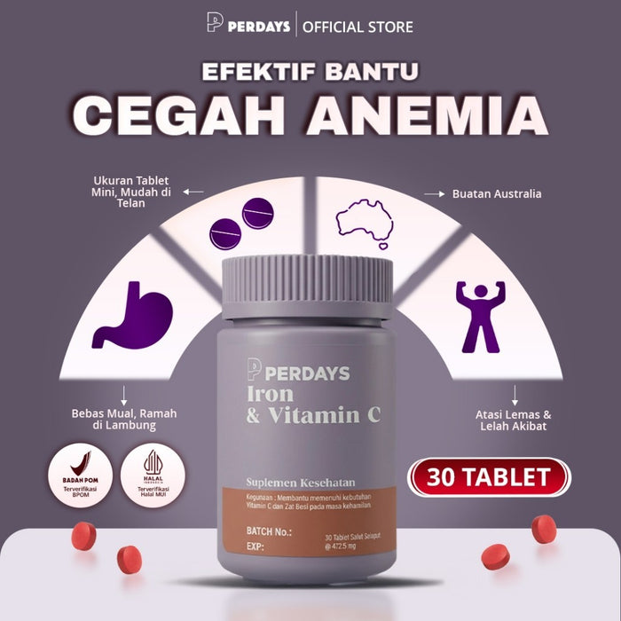(HALAL) Perdays Iron & Vitamin C 30 Tablet | Zat Besi Ibu Hamil HALAL BPOM | Suplemen Anemia dari Australia TGA Certified